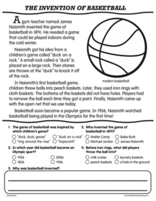 Nonfiction Reading Comprehension Cards Gr. 1-3: Invention of Basketball