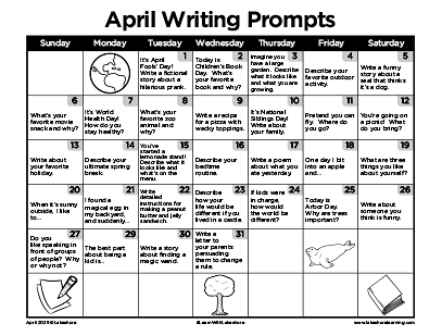This month’s calendar of writing prompts features daily journal activities for every day in April!