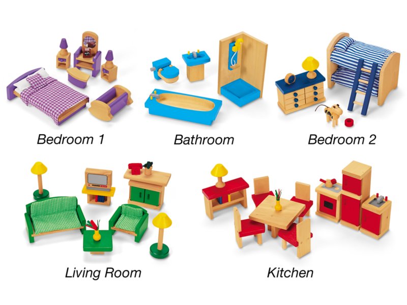Grade: Kindergarten to 3 Constructive Playthings SAM-06 Childrens Hardwood 26 Pc 4 Wide Play Furniture Set to Furnish 4 Dollhouse Rooms 10.5 Length Age: 16.25 Height