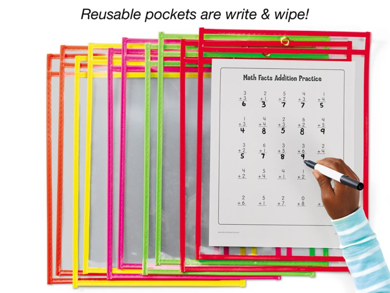 Reusable Dry Erase Pockets Assorted Color Teaching Supplies Dry Erase Pockets Worksheet Sleeves Oversize 10 x 13 Perfect for Classroom Organization 10 Pack