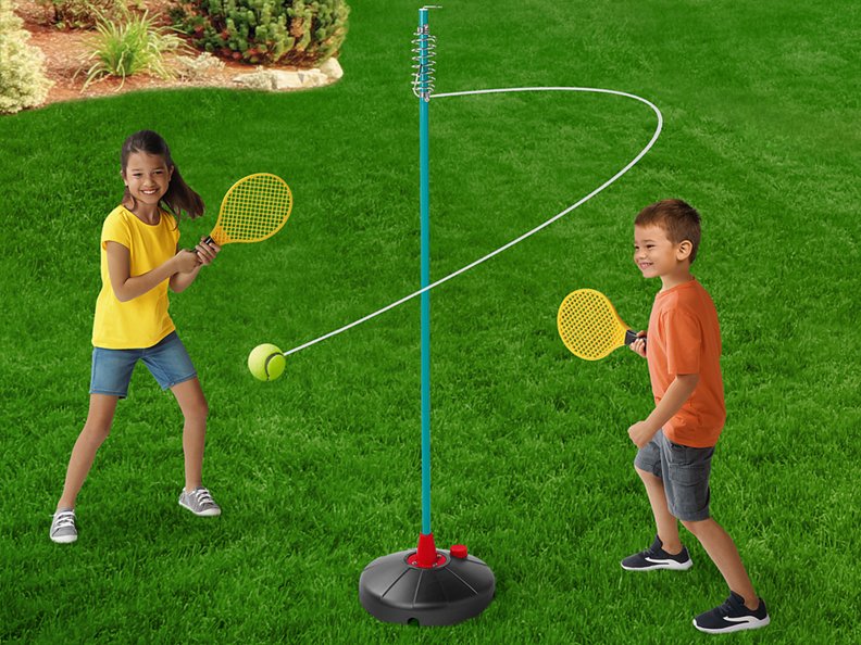 Players just grab the 2 sturdy plastic rackets, then compete to hit the bal...